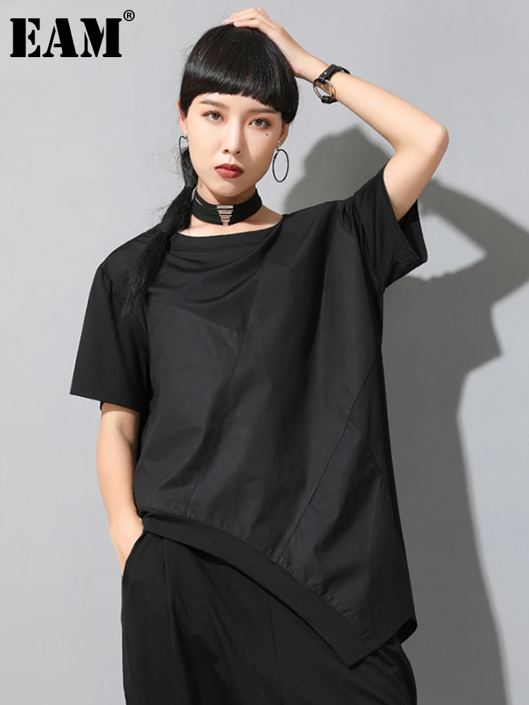 [EAM] Women Black Irregular Split Joint Big Size T-shirt New Round Neck Long Sleeve  Fashion Tide  Spring Summer 2025 1W050