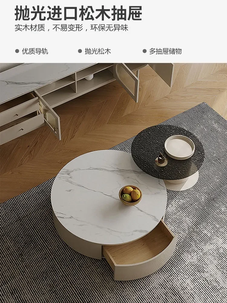 Cool Style Stone Plate Coffee Table Light Luxury Italian Small Apartment Living Room Cream Style round Tea Table