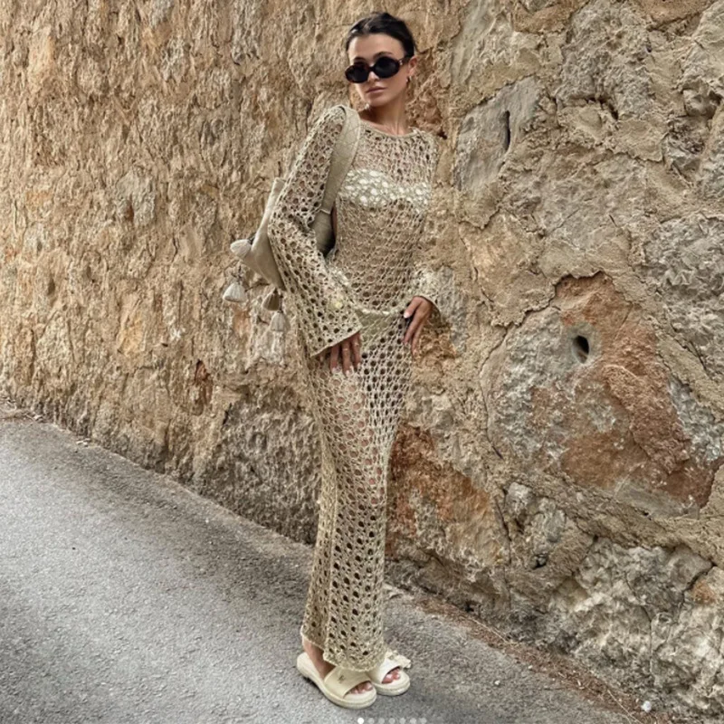فستان الشاطئ الأوروبي والأمريكي لعام 2025 للنساء محبوك مجوف بلون سادة مثير مفتوح الظهر من الدانتيل فستان بأكمام طويلة بيكيني يغطي #1