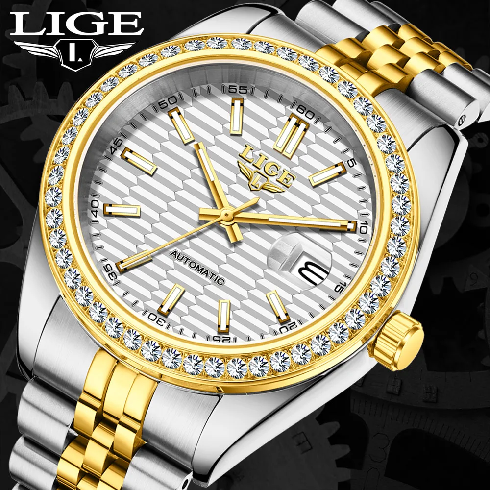 

LIGE мужские автоматические механические часы Movt из нержавеющей стали золотые часы мужские классические деловые наручные часы с датой водонепроницаемые часы
