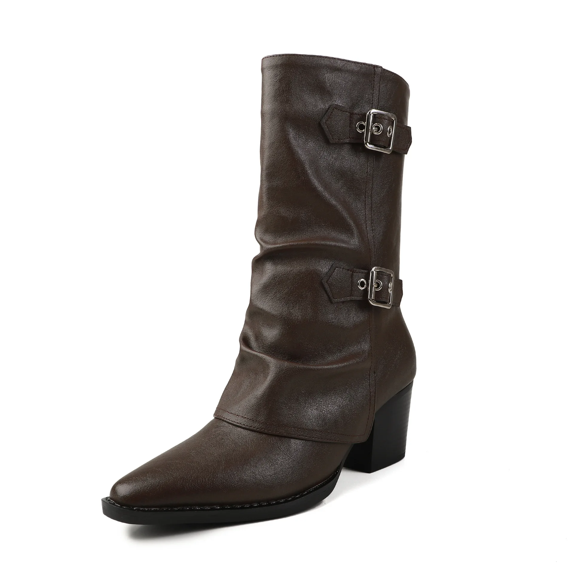 Arden Furtado Autumn Brown cowhide Belt buckle Mid-Calf boots Square toe Pleated pull-on Chunky heels Modern boots Large size