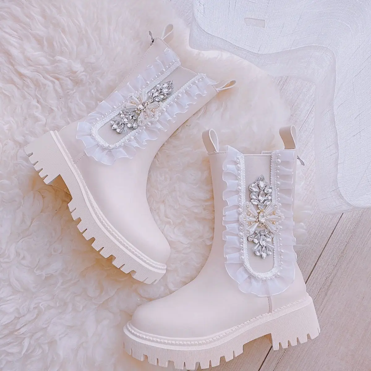 New Fashion Rhinestones Women Square High Heels Chelsea Boots Ruffles Beaded Ankle Booties Thick Bottom Casual Shoes Female