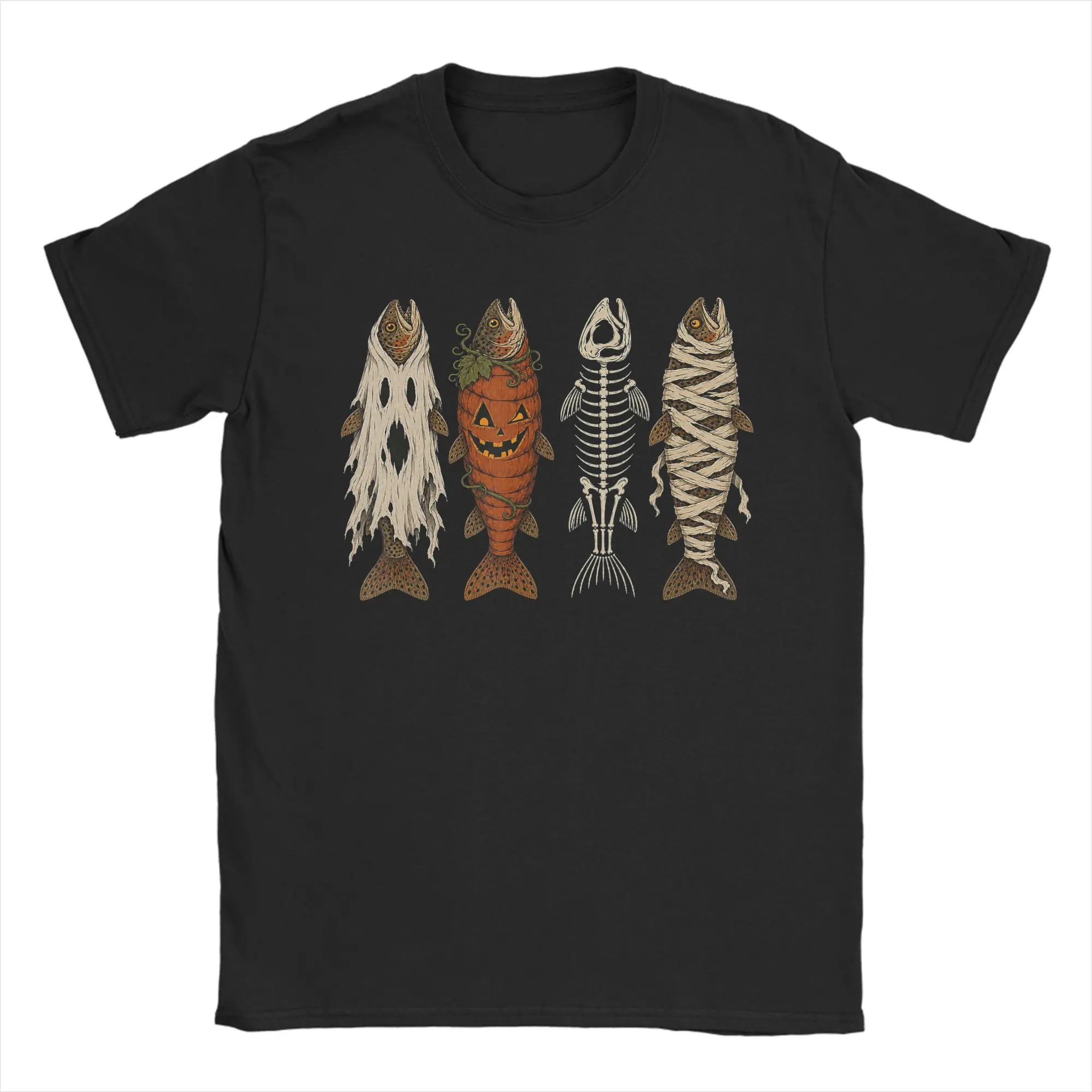 Ghost Pumpkin Skeleton Mummy Trout Funny Halloween Fishing T-Shirts Men's Breathable Oversize Clothing Short-Sleeved Tops