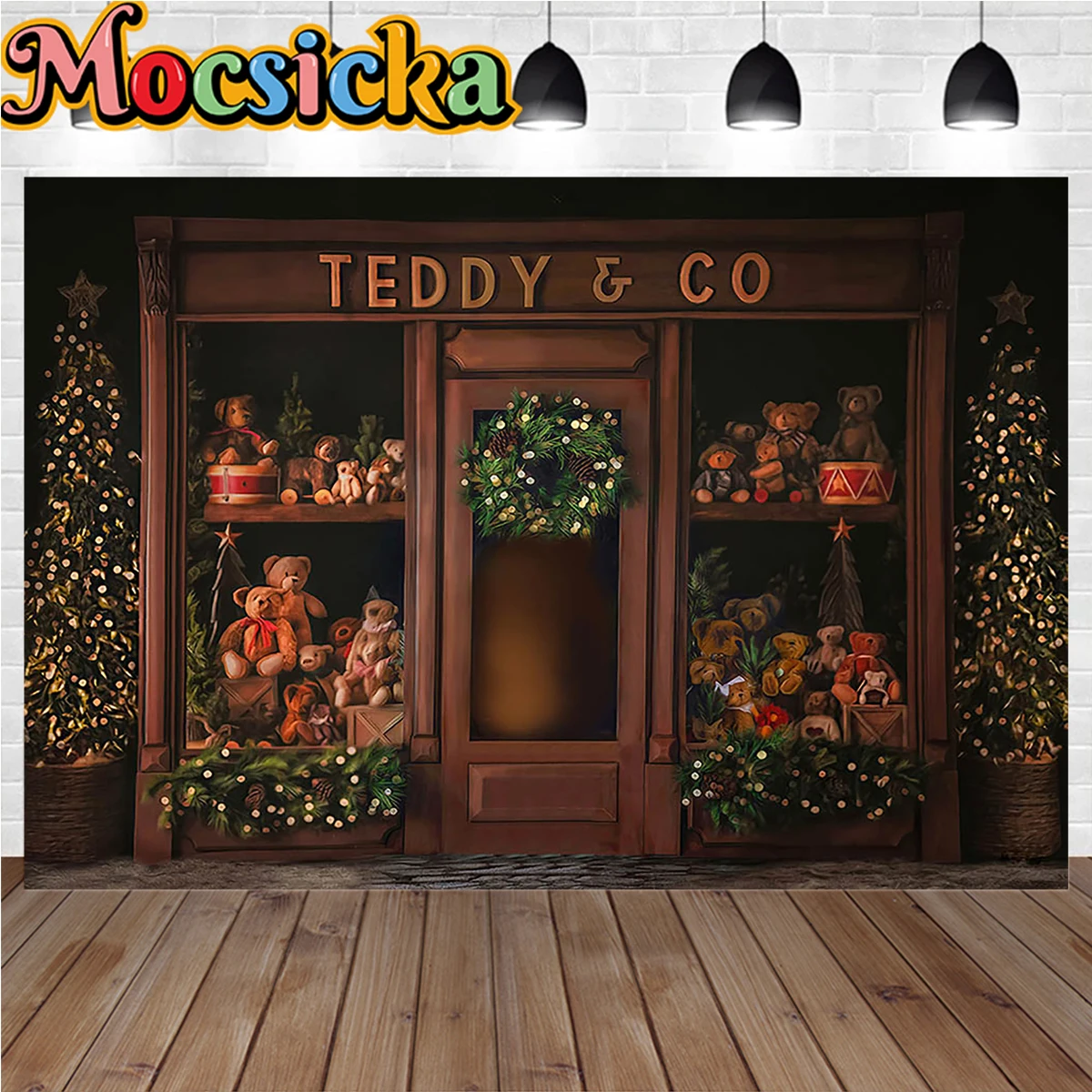 

Christmas Teddy Toy Bear Shop Poster Backdrop Brown Retro Wooden Door Xmas Tree Wreath Background Decor Booth Studio Photoshoot