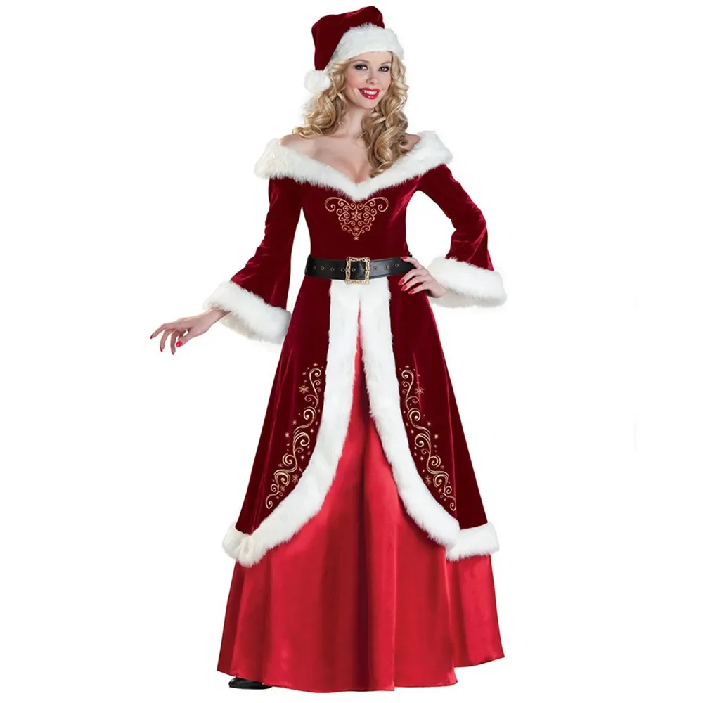 

Santa Claus Cosplay Costume Red Velvet Fancy Christmas Dress Adult Women Xmas Party Costume