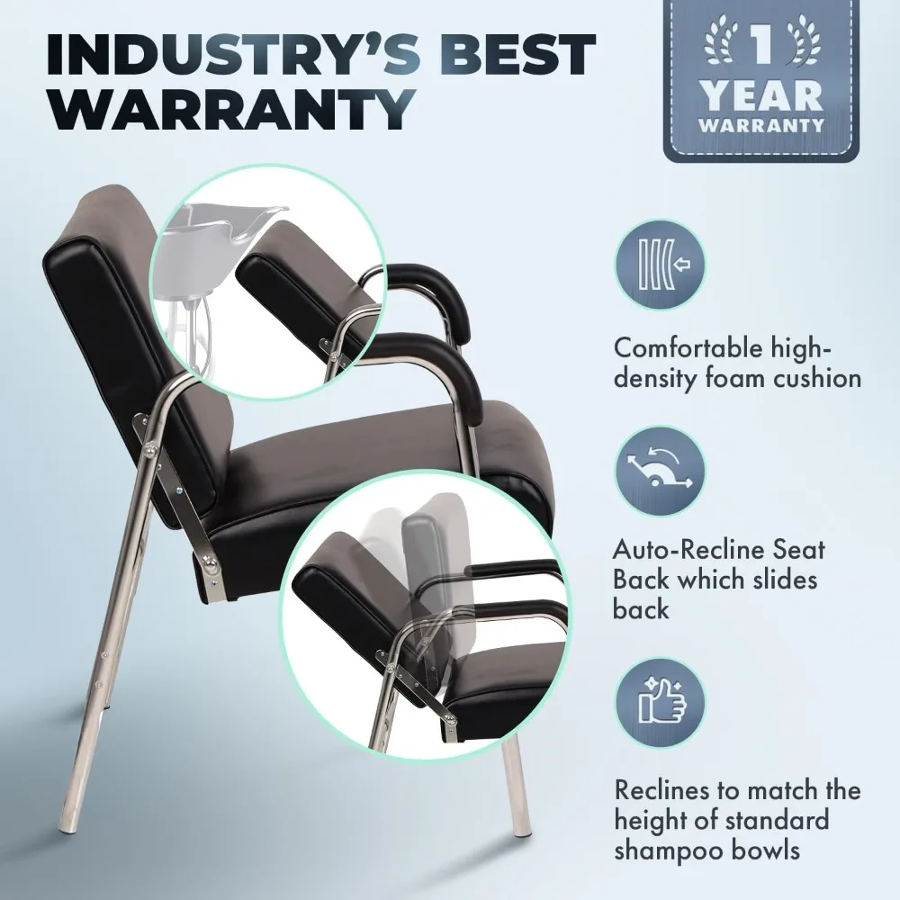 كرسي شامبو مريح للاستلقاء مع وسادة قطيفة، أذرع كروم قوية، تنجيد من الفينيل الأسود #5