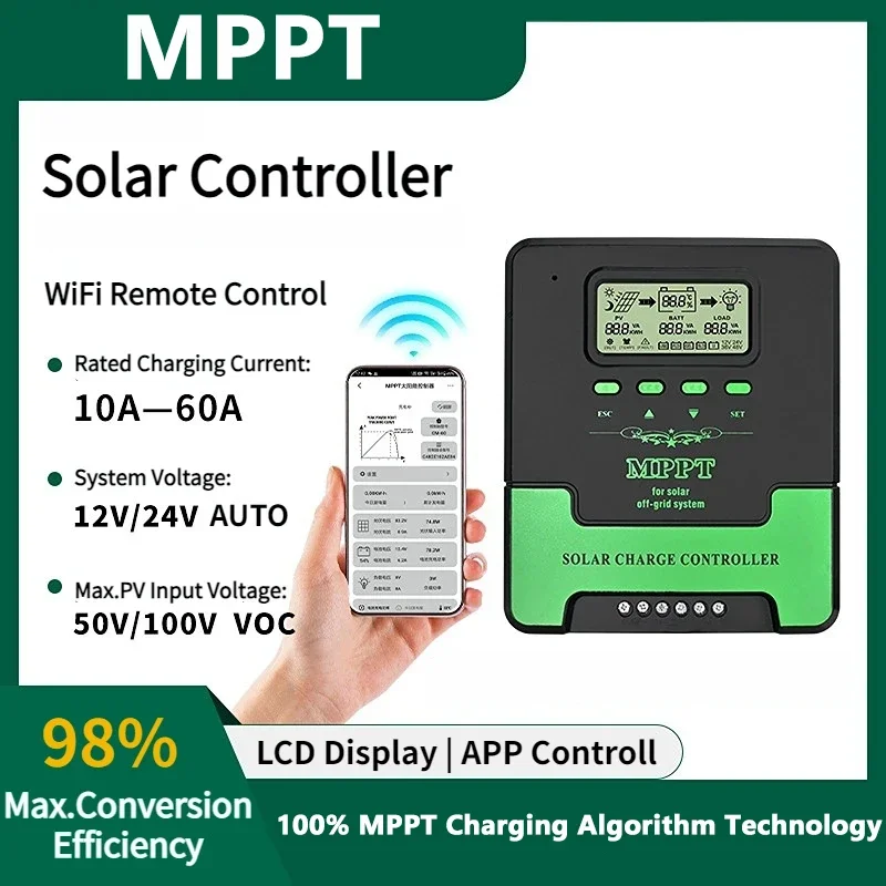 MPPT Solar Charge Controller 12V&24V Auto WiFi Solar Panel Regulator 10A 20A 30A 40A 50A 60A Dual USB LCD Display Controller