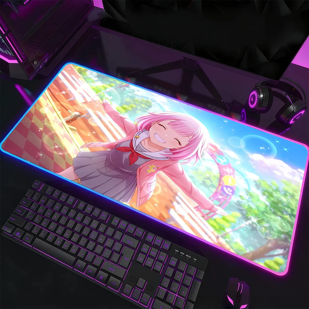 RGB Gaming Mouse Pad,Large Size,Anti-slip,Stitched Edges,Soft Rubber,Pink Hair Sailor Uniform Anime Girl Deskpad For Office Use