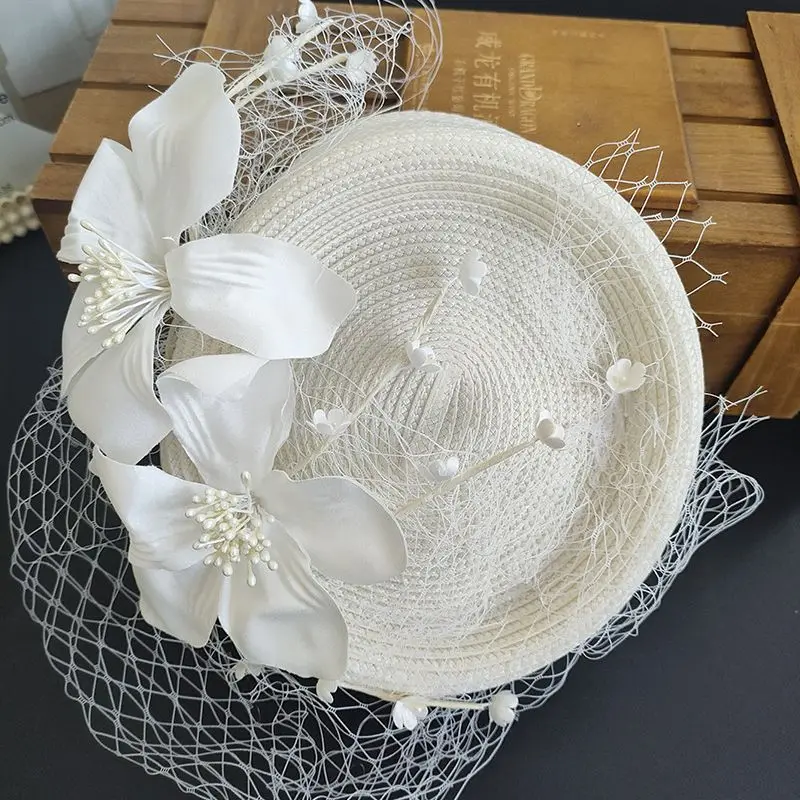 French Style Beige Straw Fascinator Hat with Face Veil Fairy Flower Bride Mini Hat  Wedding Church Formal Hat Headpiece Hairpins