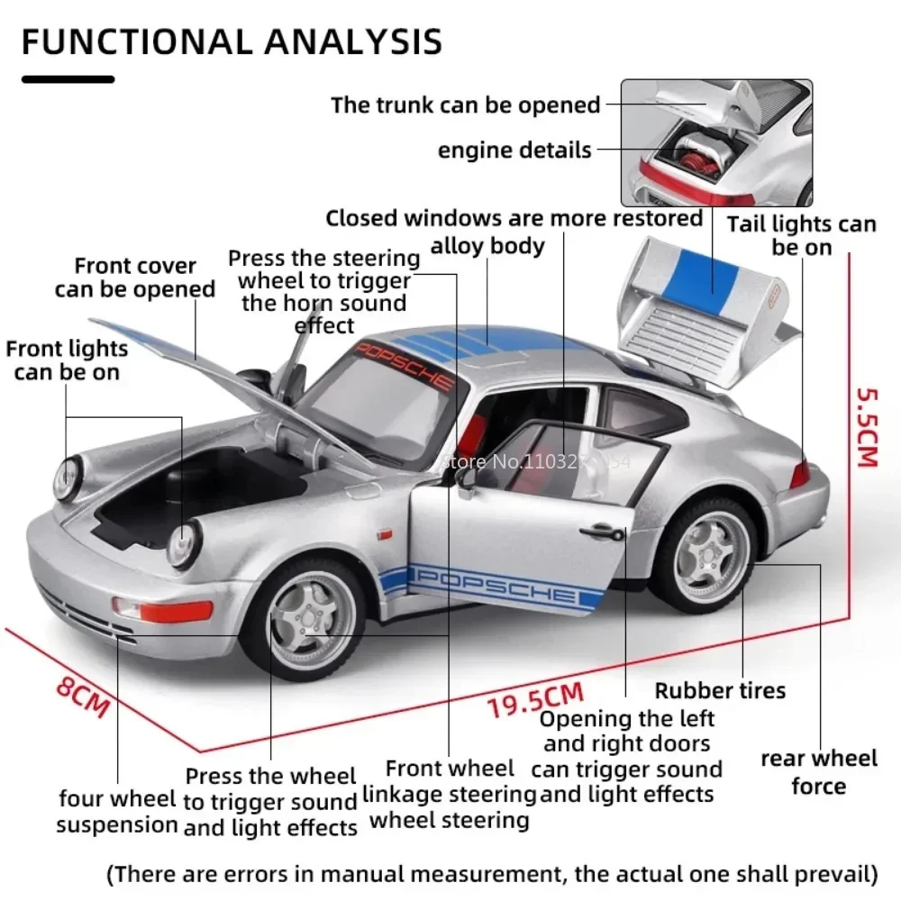 1/24 911 964 Simulation Alloy Model Car Toy Diecast Metal with Sound Light Classic Supercar Decoration Children Gifts Collection