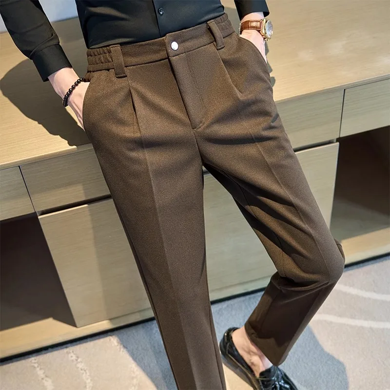 Winter Thick Warm Woolen Trousers Men Solid Color Casual Business Dress Pants Elastic Waist Suit Pant Office Social Men Clothing