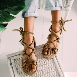 2023 New Sandals for Woman's Shoes Braided Rope with Traditional Casual Roma Style Simple Creativity Fashion Pink Summer Lace-up