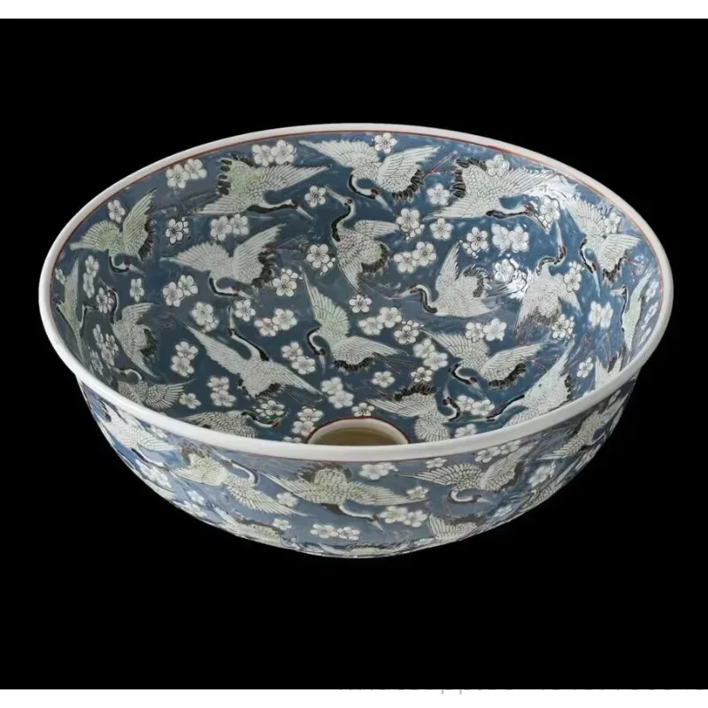 High-end retro ceramic hand-painted crane art basin round countertop household washbasin
