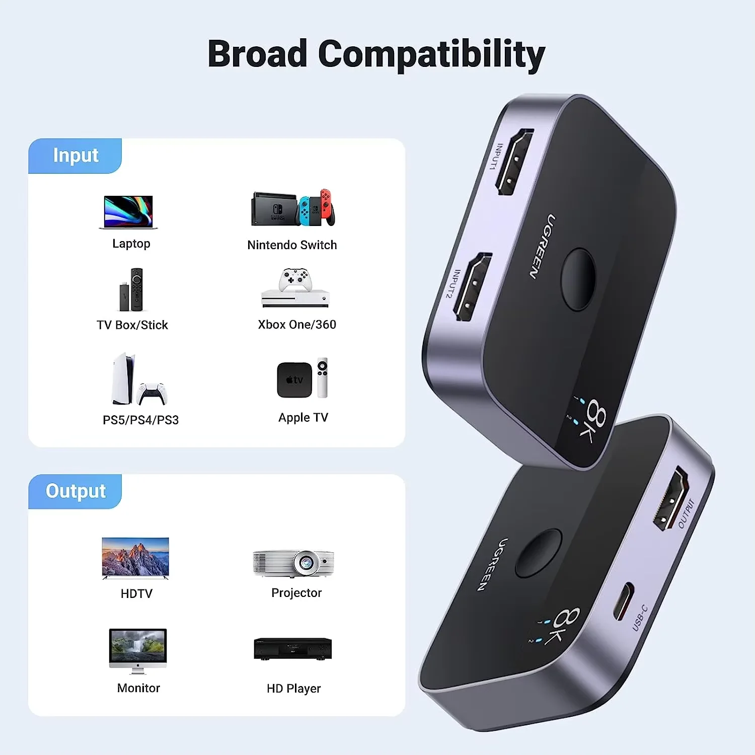 UGREEN HDMI 2.1 Splitter Switch 8K 60Hz 4K120Hz 2 in 1 out for TV Xbox Series X PS5 HDMI compatible Monitor HDMI Switcher