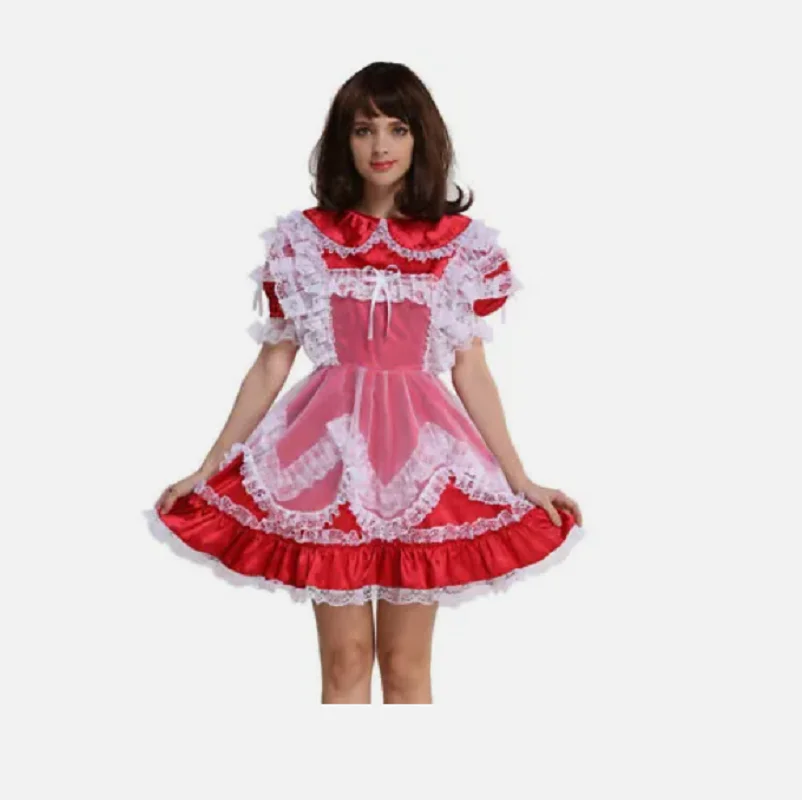 

Hot selling Sissy Maid satin can lock in girls' red dress cosplay costume customization