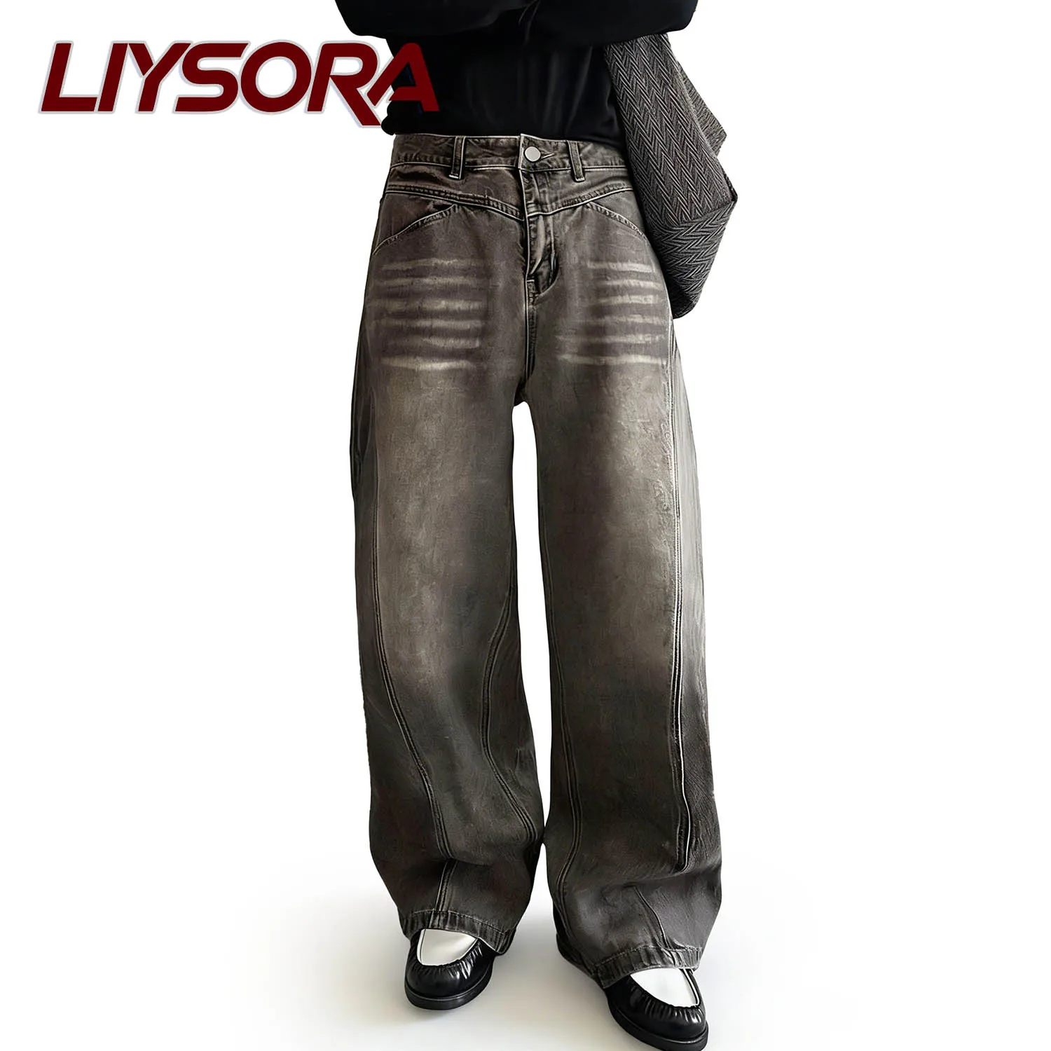 

LIYSORA American Retro Grey Ultra Baggy Wide Leg Men's Jeans Street Fashion Mid Line Casual Unisex Denim Pants Mopping Pants