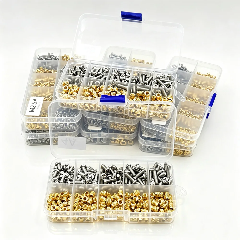 Wärmegehärtete Gewindeeinsätze mit Edelstahl-Maschinenschrauben-Set für 3D-Drucker, Kunststoff, Elektronik, DIY, Messing, metrische Rändelmutter