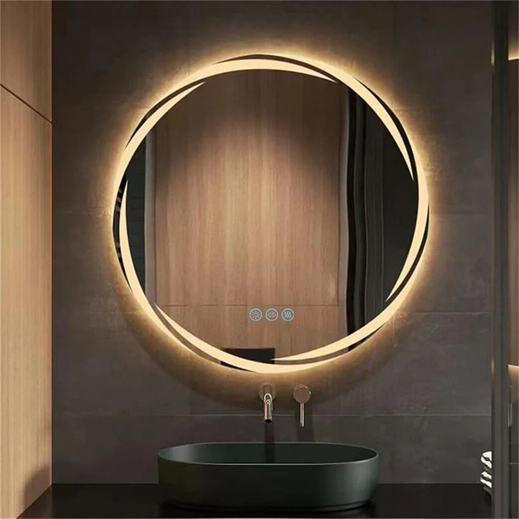 Anti-fog LED Bathroom Mirror Circle Backlit HD Wall Mounted Vanity Mirror Shatterproof 3 Colors Lights Adjust