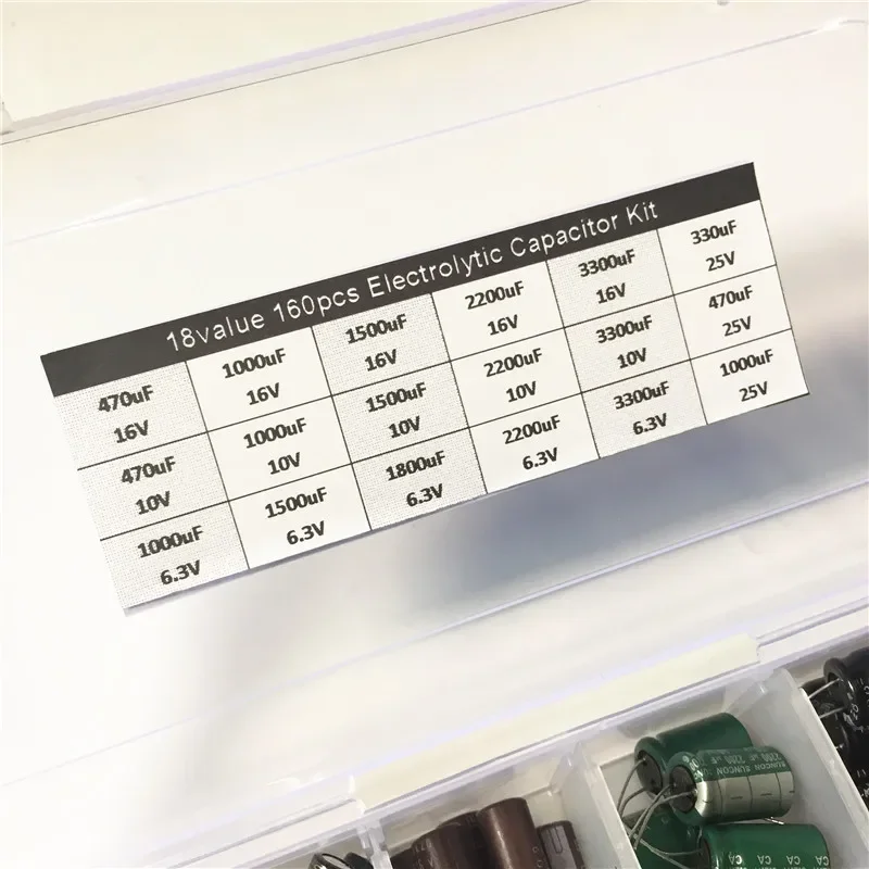 Kit condensatore 18 valori 160 pezzi Condensatori elettrolitici in alluminio 6.3V 10V 16V 25V 330uF 470uF 1000uF 1500uF 1800uF 2200F 3300uF