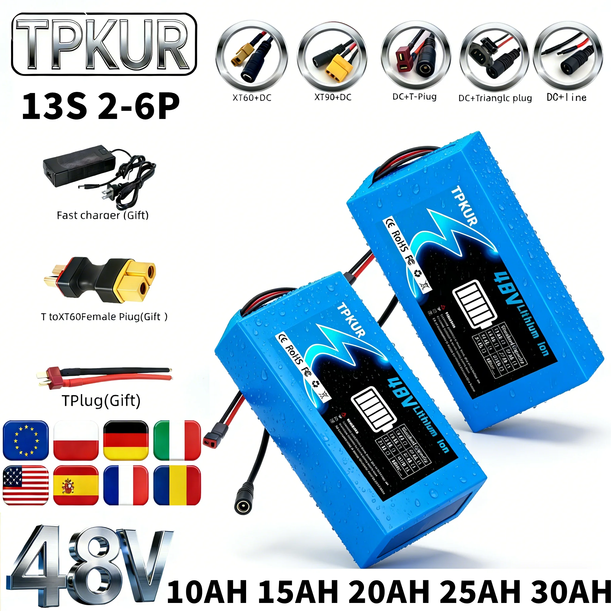 100% 18650 Battery 48V 10-30Ah 13S 2P-6P Lithium Battery Pack with Large Capacity, Suitable for 48V 100-1500W, with Built-in BMS