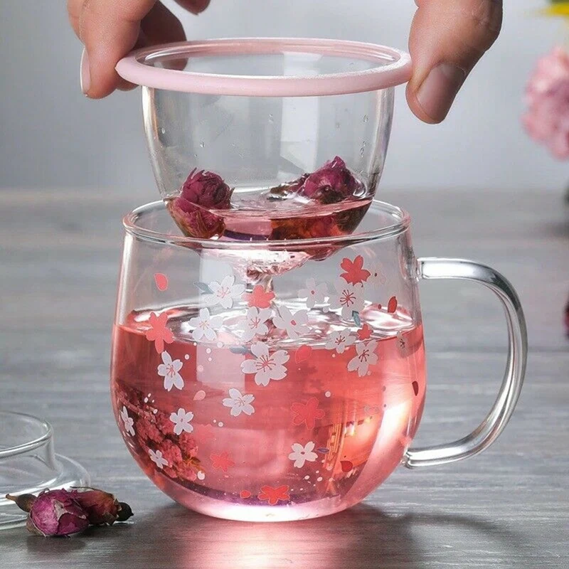 Mug Glass Mug with Tea Infuser Filter&Lid Cherry Blossoms Cup Set Blossoms Flower Teacup 300Ml Glasses Drinking