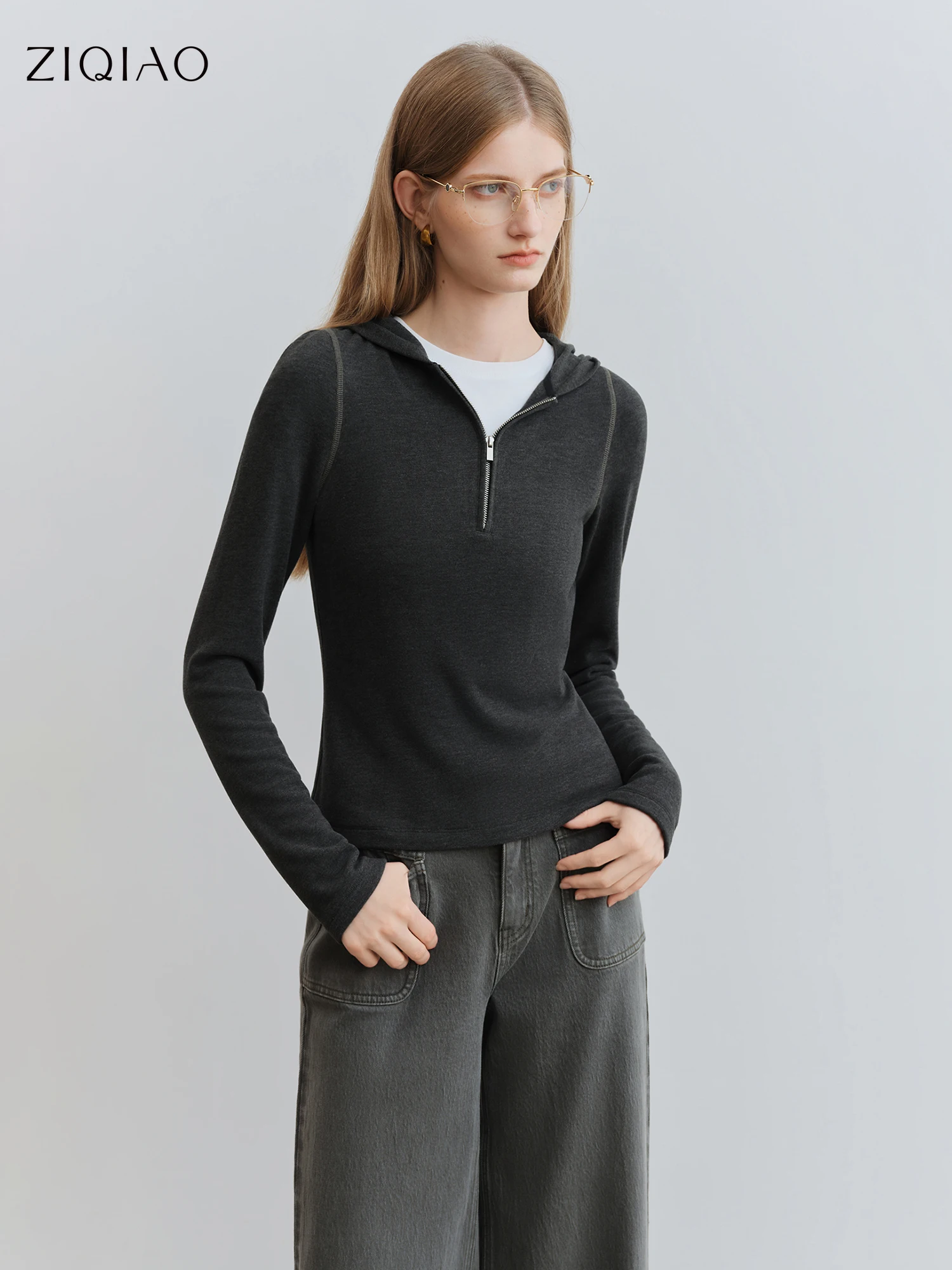 

ZIQIAO Autumn Winter 2025 Women's Korean Style Hooded Long Sleeve T-Shirt - Casual Comfort Fit Gray Pullover Top