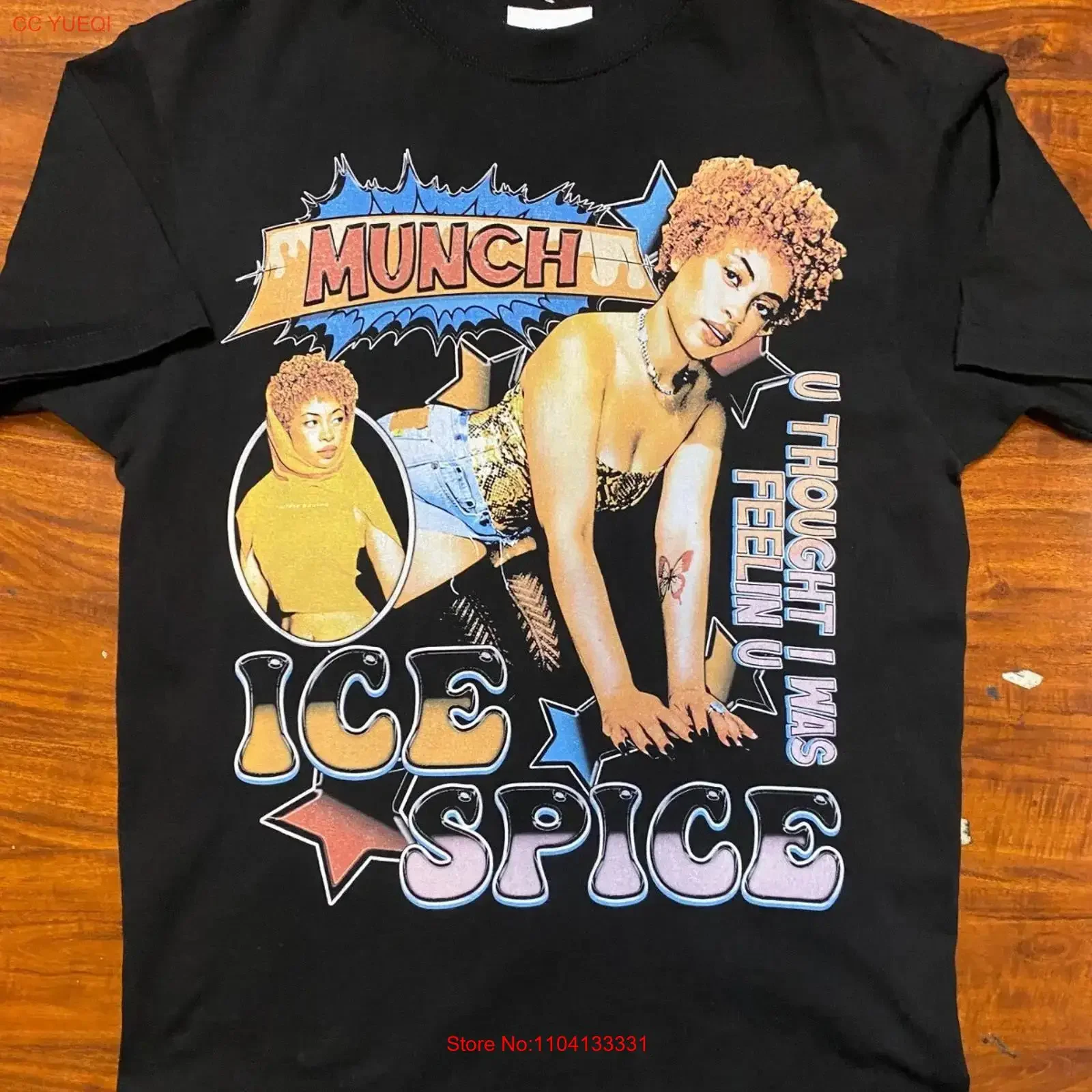 تي شيرت Ice Spice U Thought I Was Feeling You كبير مطبوع أسود تي شيرت SZ L عتيق مغسول ممتد ملابس خروج ناعمة قابلة للتنفس