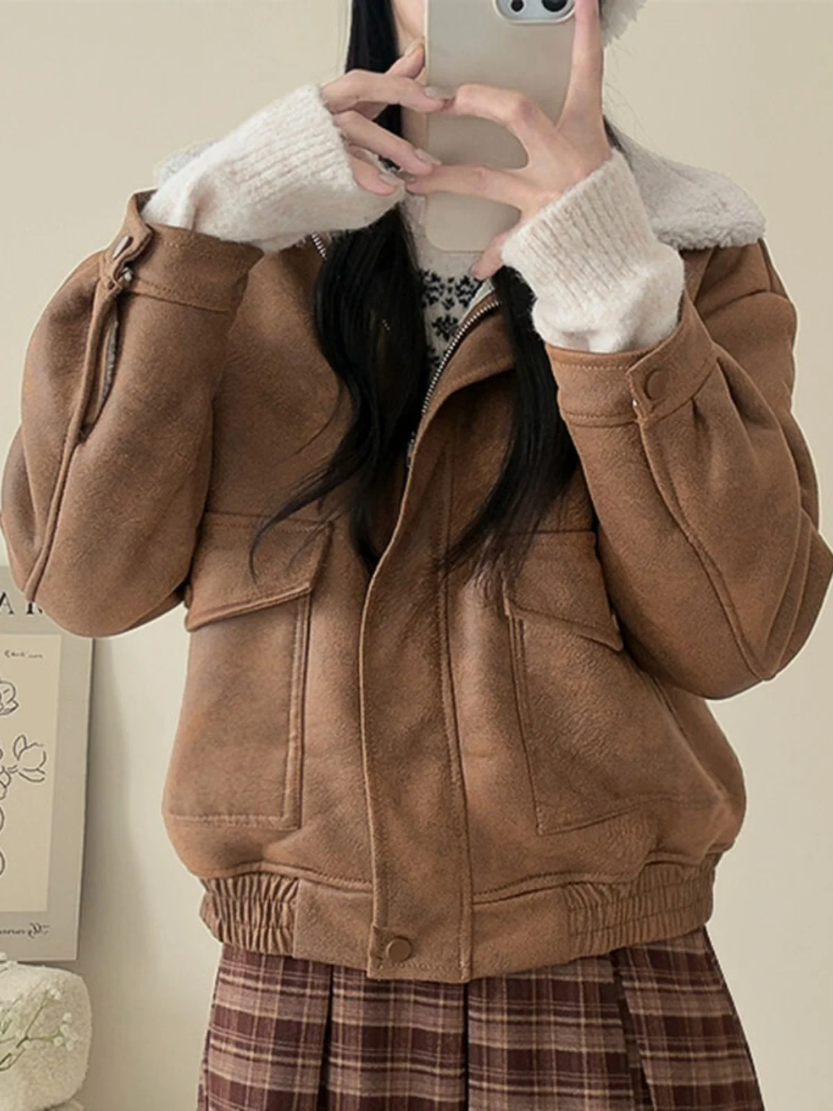 

Retro Biker Sle Women's ort Coat Jaet Fur Lined Zipper Collar Warmth Thiened Lamb Fur Faionable Outerwear Top