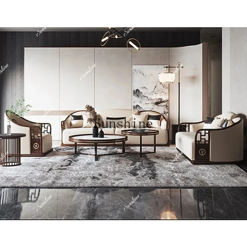 New Chinese light luxury solid wood leather sofa living room first layer cowhide three-person sofa