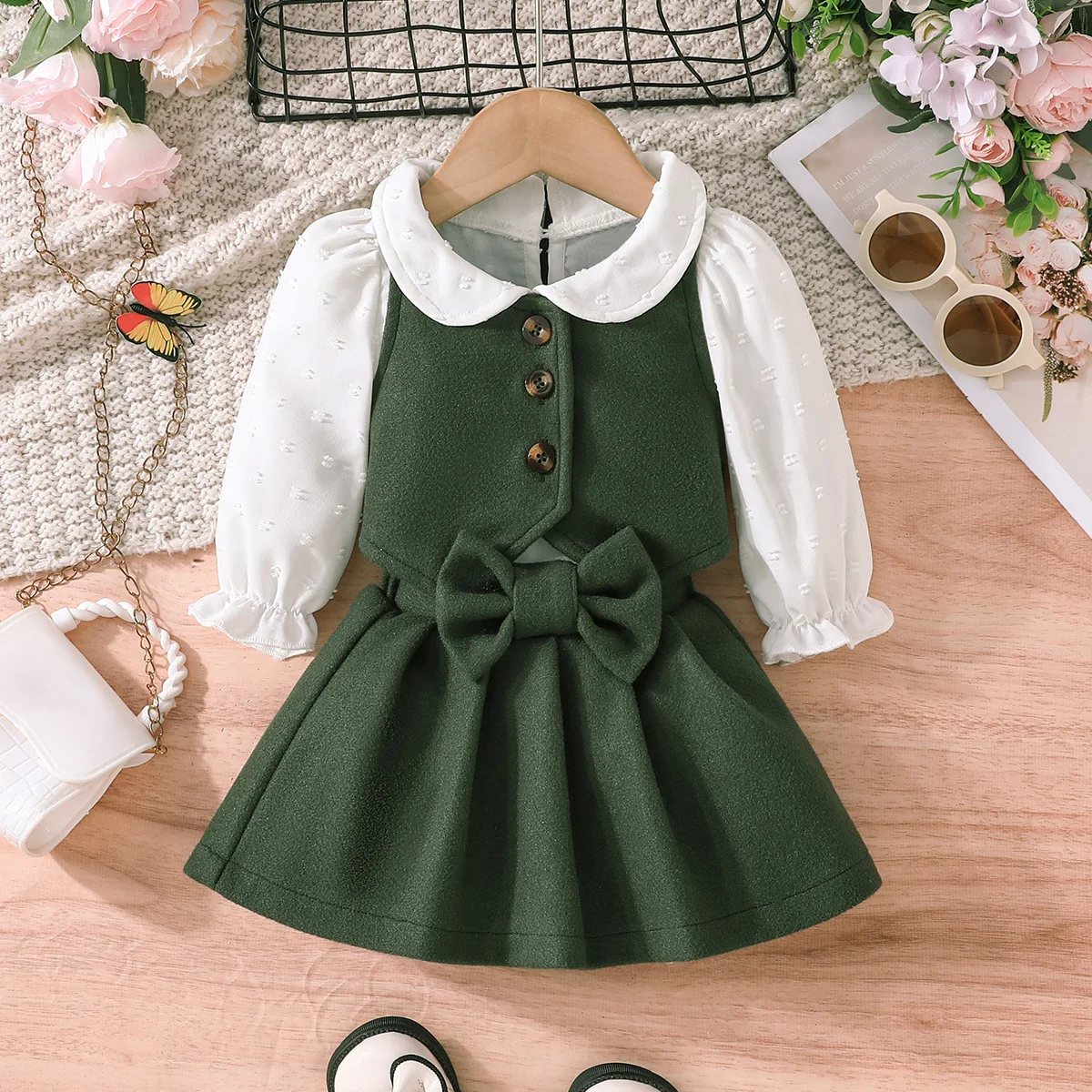 Winter 2024 Girls Dress Girls Long Sleeve Turn-down Collar Bow Green Cute Preepy Look Birthday Party Dresses Vestidos 3M-3T