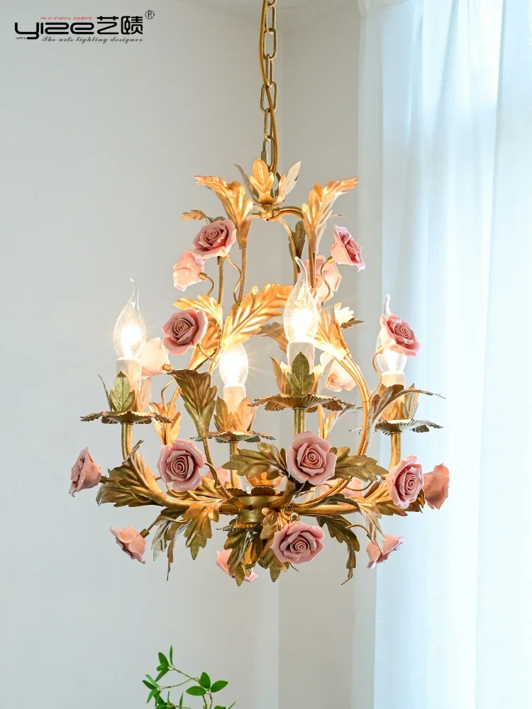 Floral E14 Led Chandelier rose Copper ceramics Chandeliers Dining Living Room Girls Bedroom Home Lighting Lighting Fixtures