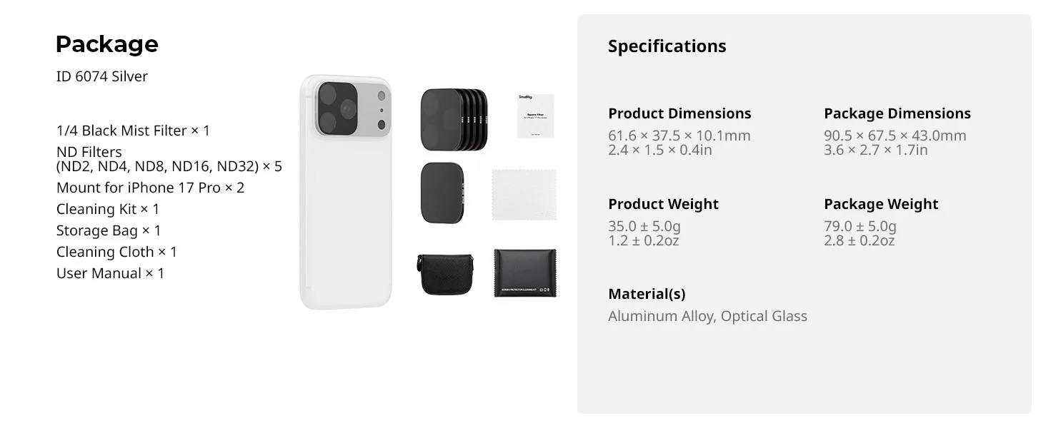 SmallRig Square ND & Black Mist Filter Kit für iPhone 17 Pro und iPhone 17 Pro Max, 3 Farben zur Auswahl mit ND2/4/8/16/32 & Halterung – Detail 17