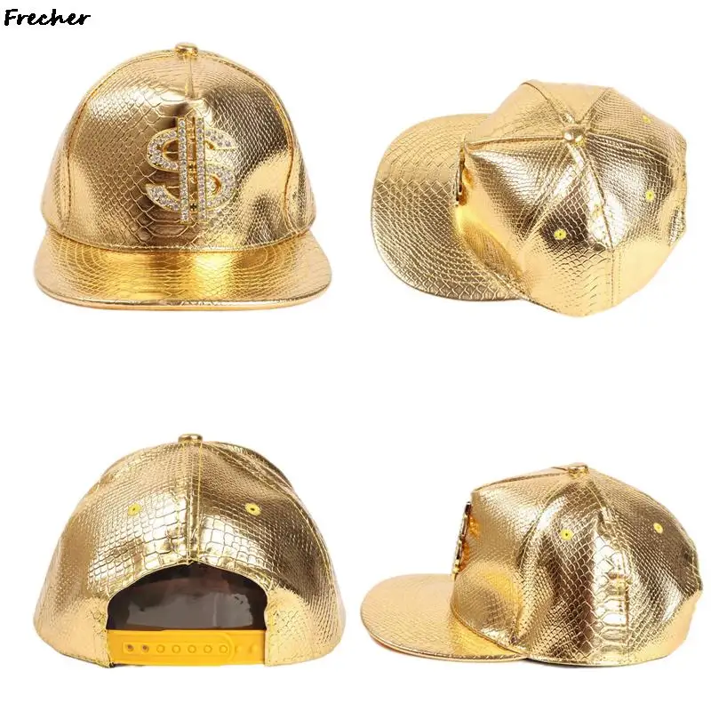 Crocodile Pattern Dollar Hats Hip Hop Baseball Caps Bright Leather Snapback Hat Unisex Metal Golden Diamond Cap Gorras Cool