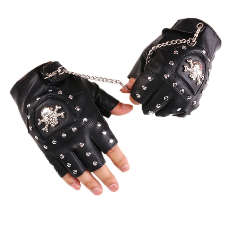 Half Finger Punk Rivets PU Leather Gloves Black Biker Gloves with Metal Chain for Motorcycles Fingerless Dancing new item