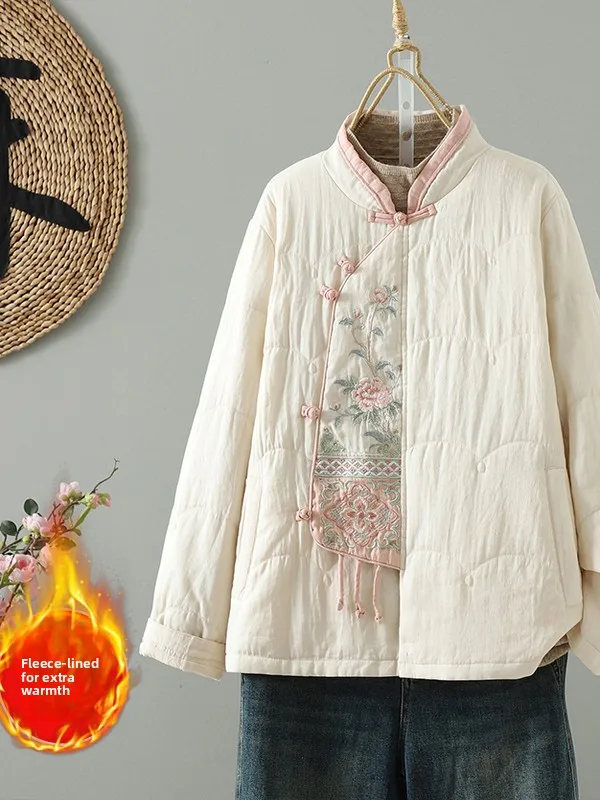 

Новинка 2025 года, китайское хлопковое джинтовое пальто с воротником-стойкой и вышивкой, длинное пальто све на пуговицах в этническом стиле