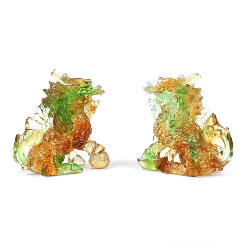 Yuanbao Kirin-A type, ancient glass ornament, a pair of Ruyi Kirin ornament, glass handicraft ornament