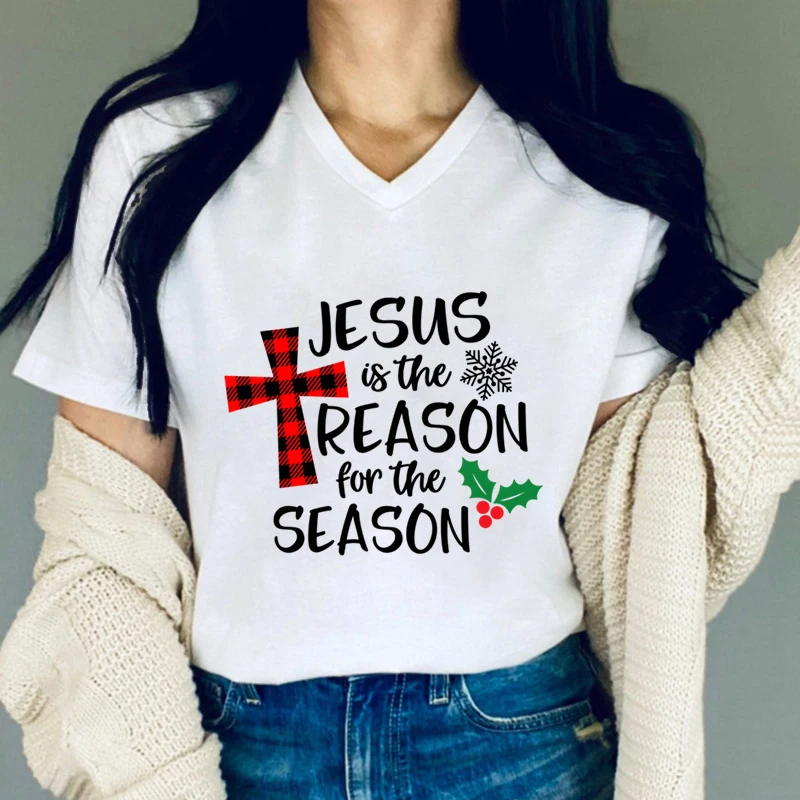 Y2K T-Shirt Women Christmas Jesus V-Neck Streetwear \