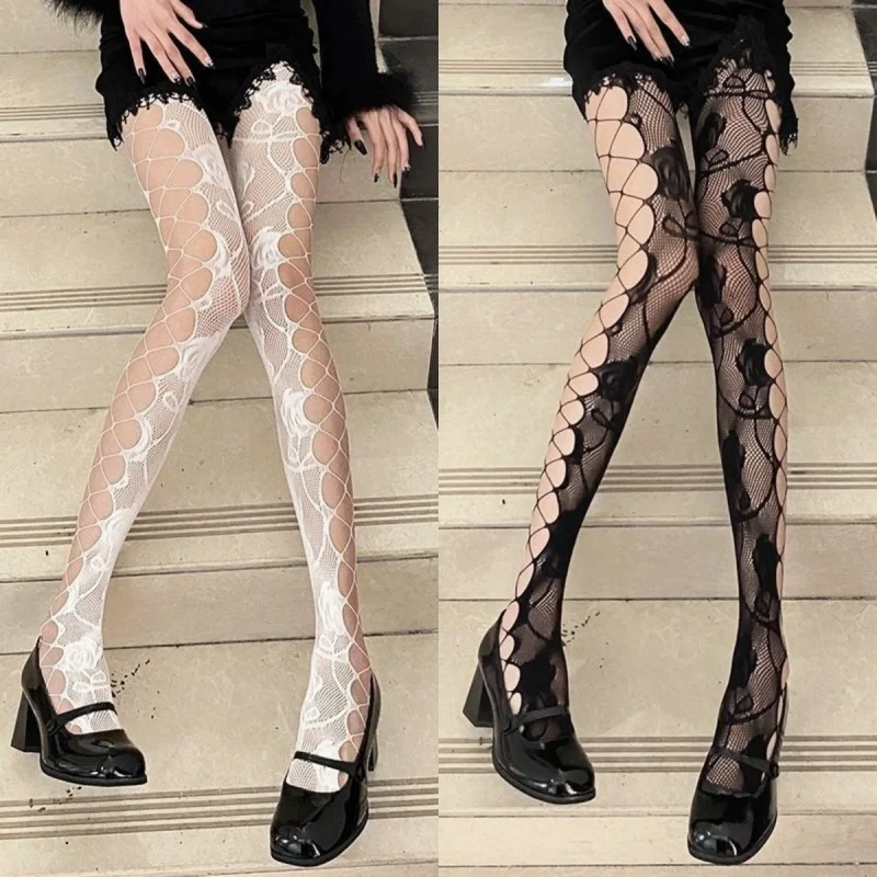 Side Slit Grid Rose Fishnet Summer Thin Hollow Black Pantyhose White Stockings Ins Sexy Cutout