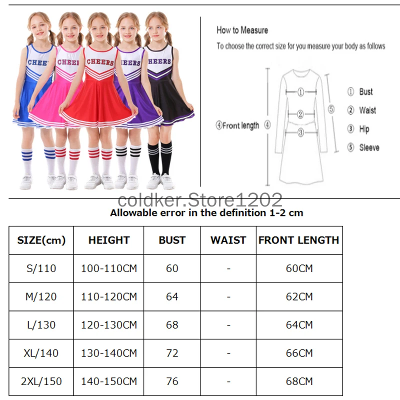3pcs Cheerleader Costume for Girls Party Dress Halloween Cute Uniform Outfit Cheerleading Dance Costumes With Socks Pompom