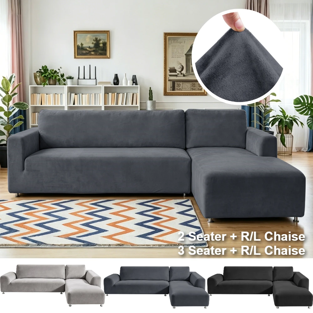 2-Piece Sofa Cover Elastic Stretch Velvet Couch Cover for Living Room Plush Washable Non-Slip 2/3 Seater L-Shaped Corner Sofas