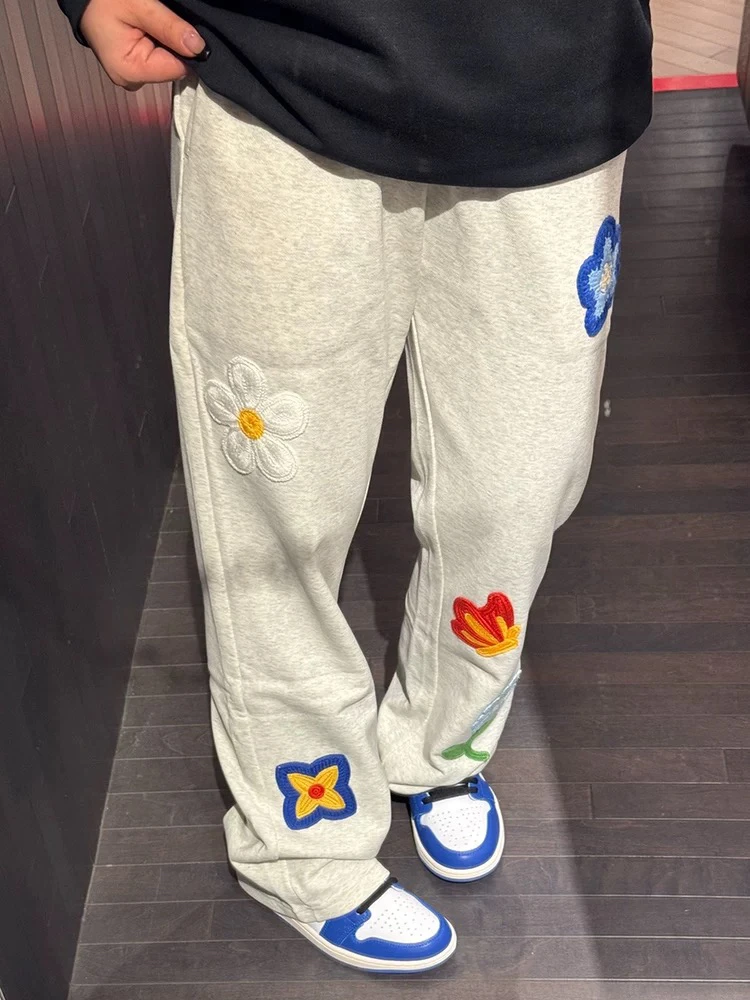 

American Floral Embroidery Wide Leg Pants Men's Design Loose Casual Sports Cleanfit Flared Straight Cut Trousers