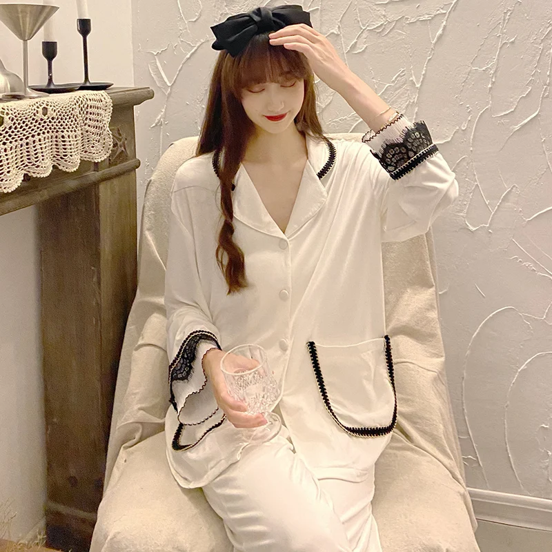 

Women Lace Pajama Sets Elegant Long Sleeve Turn Down Collar Sleepwear Loose Home Sexy Spliced Pyjamas Autumn Comfort Lounge Wear