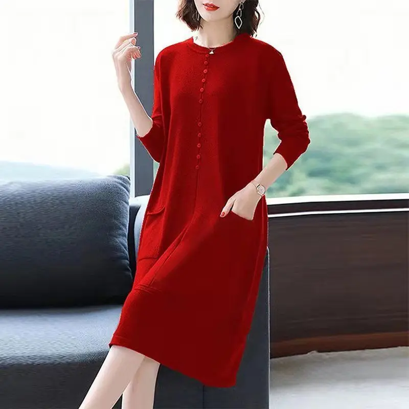 2024 Women Knitting Sweater Dress O-Neck Pullover Pockets Buttons Solid Casual Oversize Vestidos Office Lady Bottom Clothes