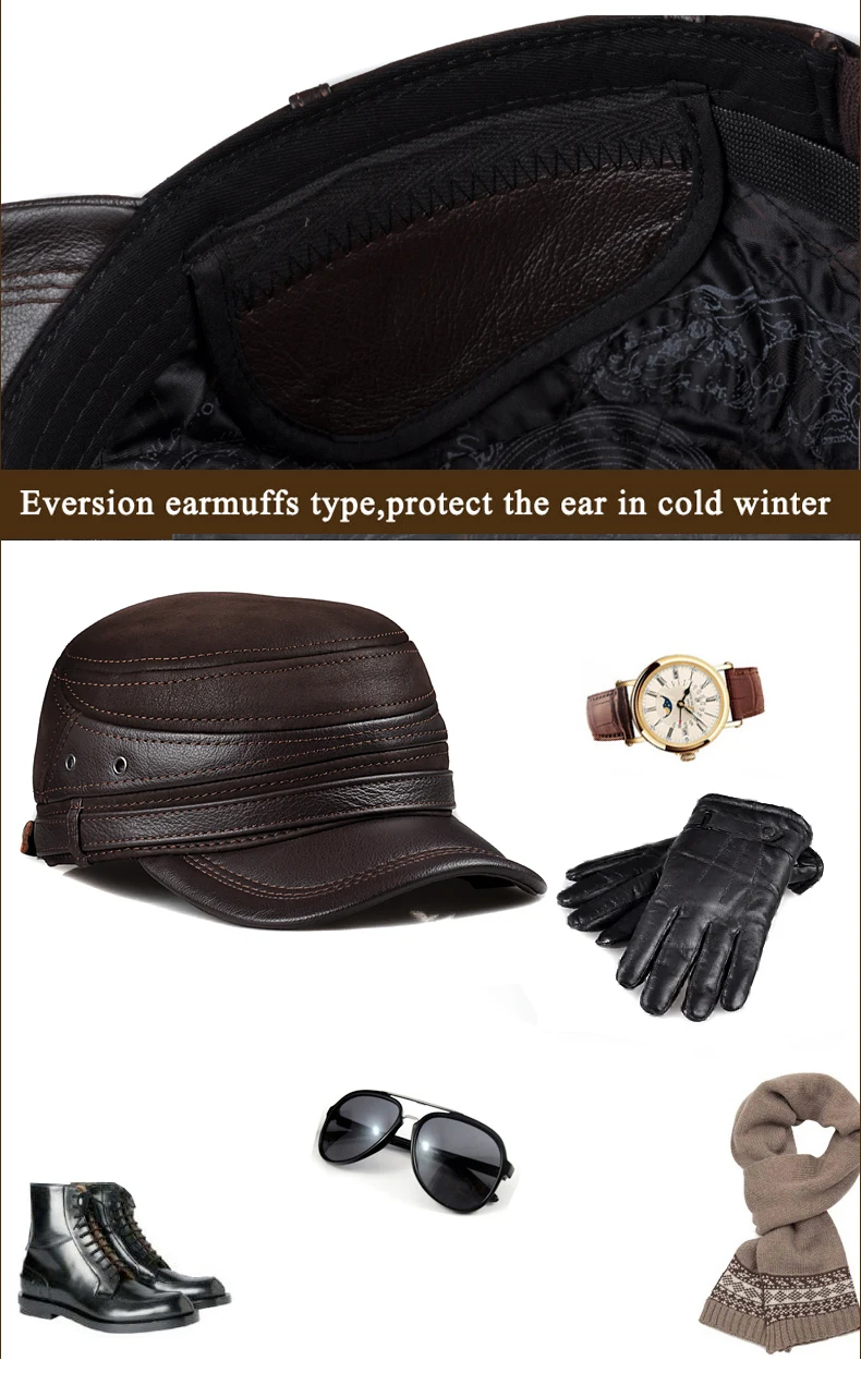 Neue 2024 Winter Männer Echtes Leder Baseball Kappe Ohrenschützer Flache Hut Männlich Warm Halten Freizeit 57-60 cm Einstellbare gorro Kuh Haut Kappe – Detail 10