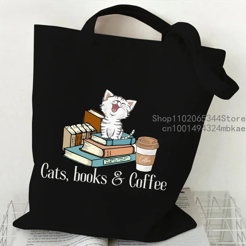 Canvas Tote Bags Cartoon Cat and Books Women\'s Shoulder Bag Wild Flower Book Club Shopping Bag Animal Kitten Bookworm Handbag