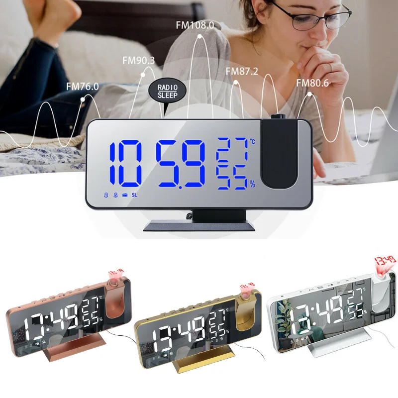 LED Digital Alarm Clock Watch Table Electronic Desktop Clocks USB Wake Up FM Radio Time Projector Snooze Function 2 Alarm