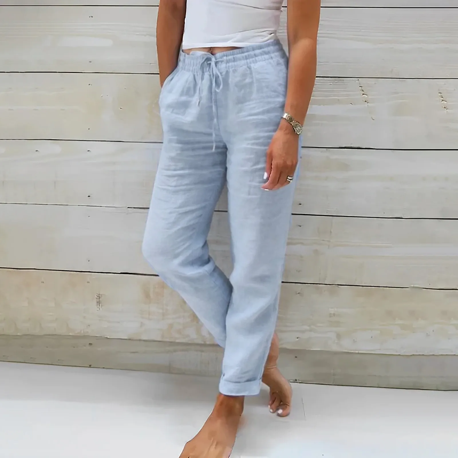 

Elastic High Waisted Casual Long Pants For Women Solid Color Cotton And Linen Loose Wide Leg Pants Ladies Simplicity Trousers