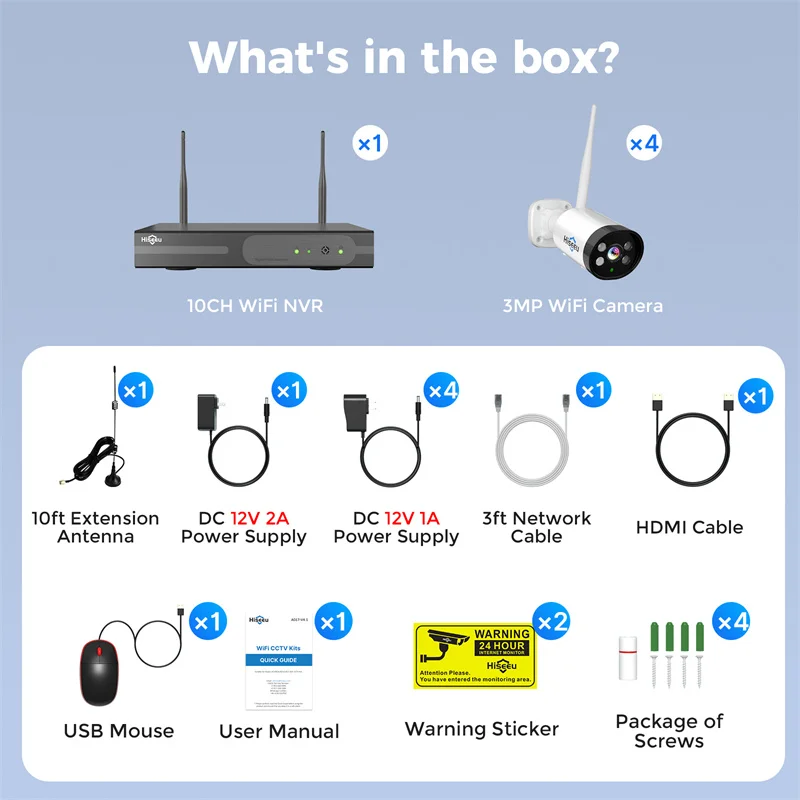 Hiseeu-cctvシステムキット,カラーナイトビジョン,人間検出,双方向オーディオ,ip66,ワイヤレスIPカメラWK-4HBFO3,10ch nvr,3mp,wifi
