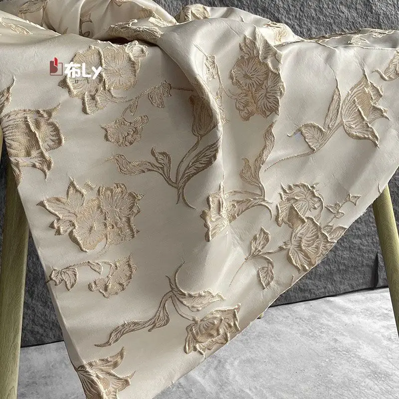 Magnolia relief gold silk three-dimensional jacquard fabric pleated profile women's bag shoes clothing designer fabric