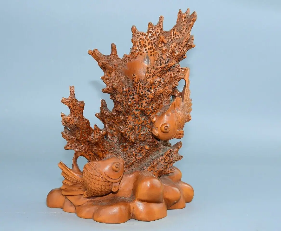 China Natural Boxwood Beautiful Carving Coral Fish Statue Living Room Decor Art